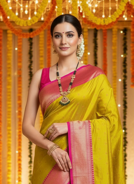 semi silk kadiyal paithni saree pastel greenish mustard color with contrast dark rani color border with golden zari work