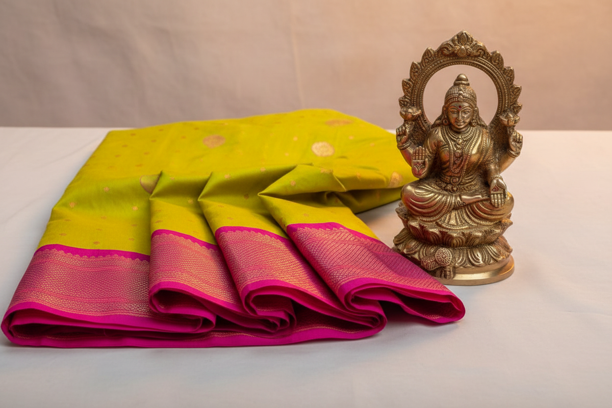 semi silk kadiyal paithni saree pastel greenish mustard color with contrast dark rani color border with golden zari work