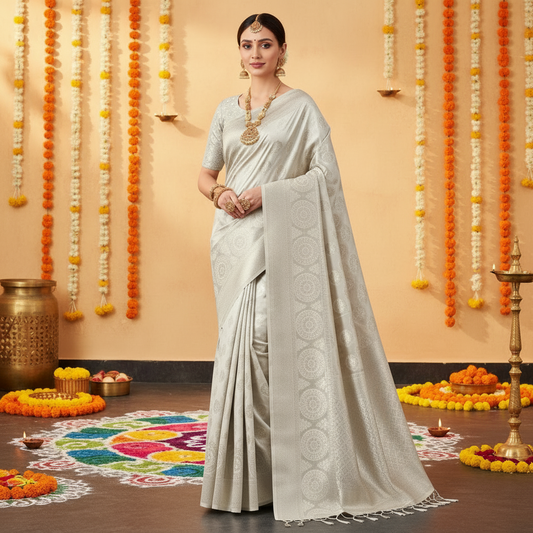 beautifui silver zari all over self design tissue silk saree