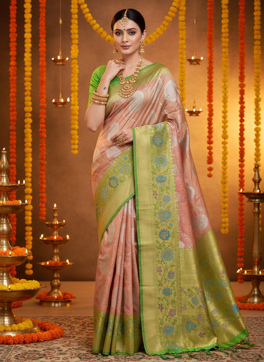 copper color organza saree ,with green border and golden zari work
