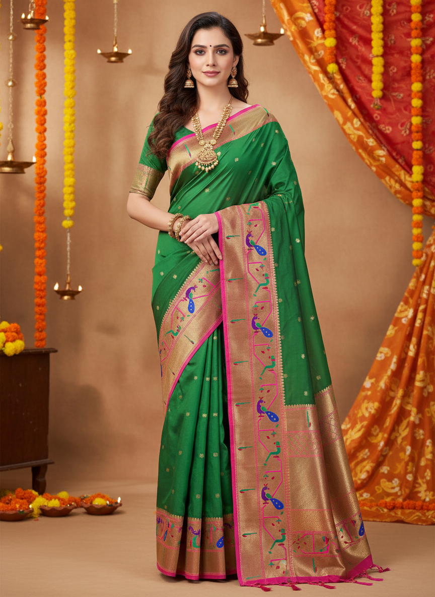 soft silk green color muniya paithanhi with contrast rani pink color border