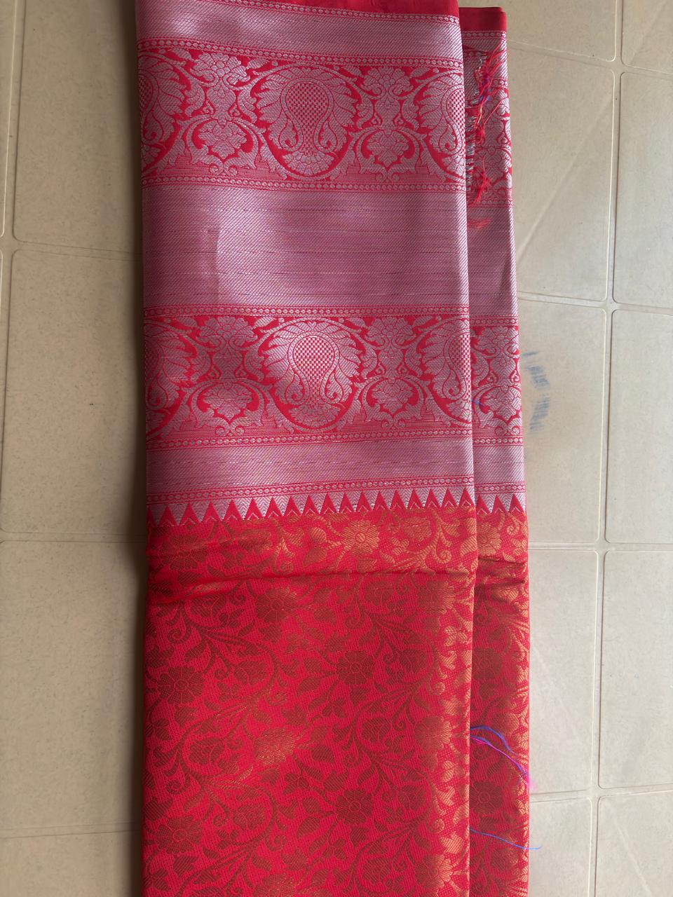 soft silk red  color silvver zari banarasi saree beautiful elegant border