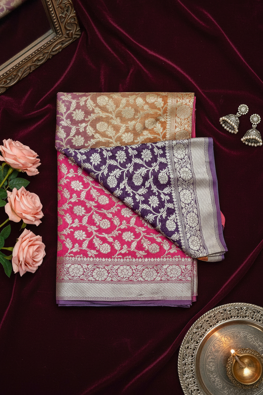 pure  khaddi georgette multishaded  beautiful pure banarasi silk saree