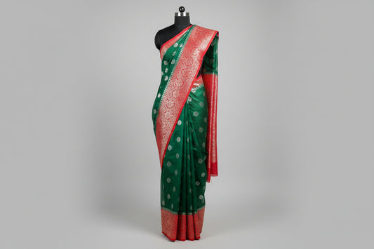 Dark bottle green and dark red very elegant combination in mercerise silk banarsi silver zari work