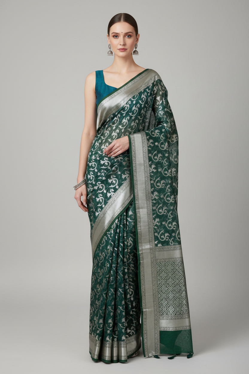 Orgnaza banarasi saree with silver zari work.
