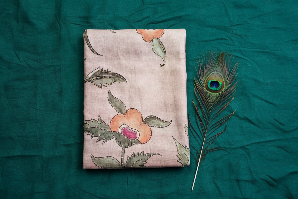 Elegant silk saree with beautiful leaf and floral motifs, enhanced with intricate knot work and sequin detailing.