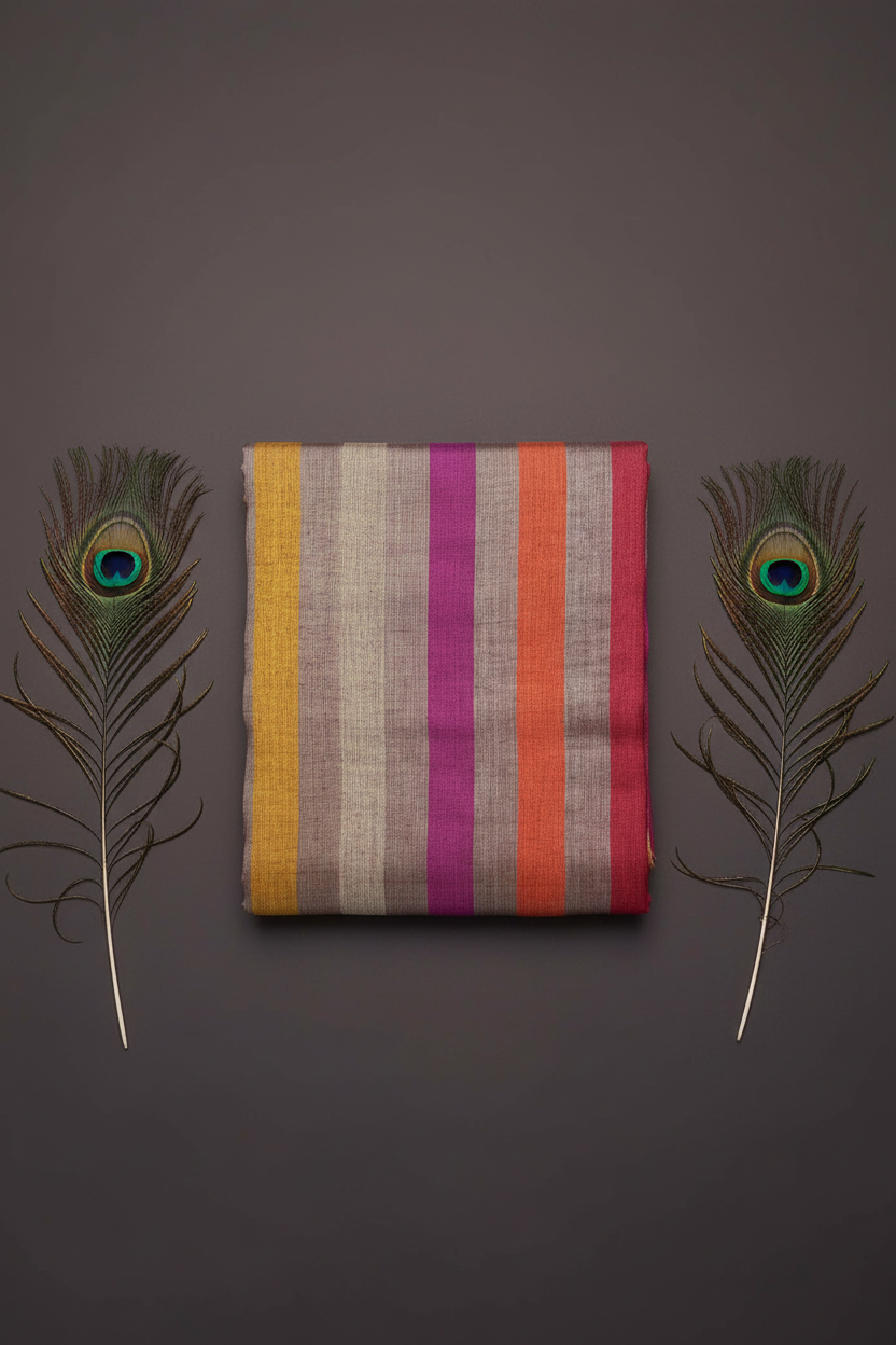 Linen Cotton Sare With Solid Standing Lines Vibrant Contrast Colors
