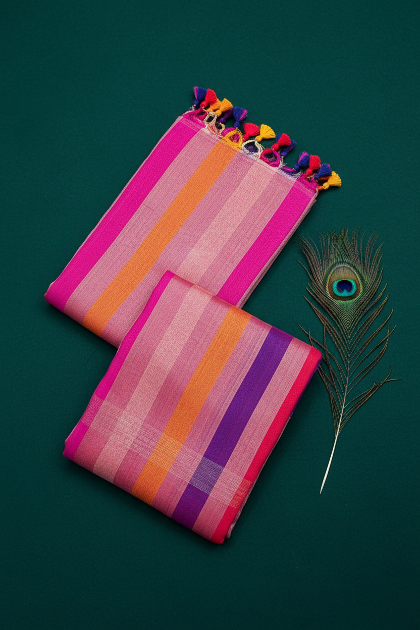 Linen Cotton Sare With Solid Standing Lines Vibrant Contrast Colors