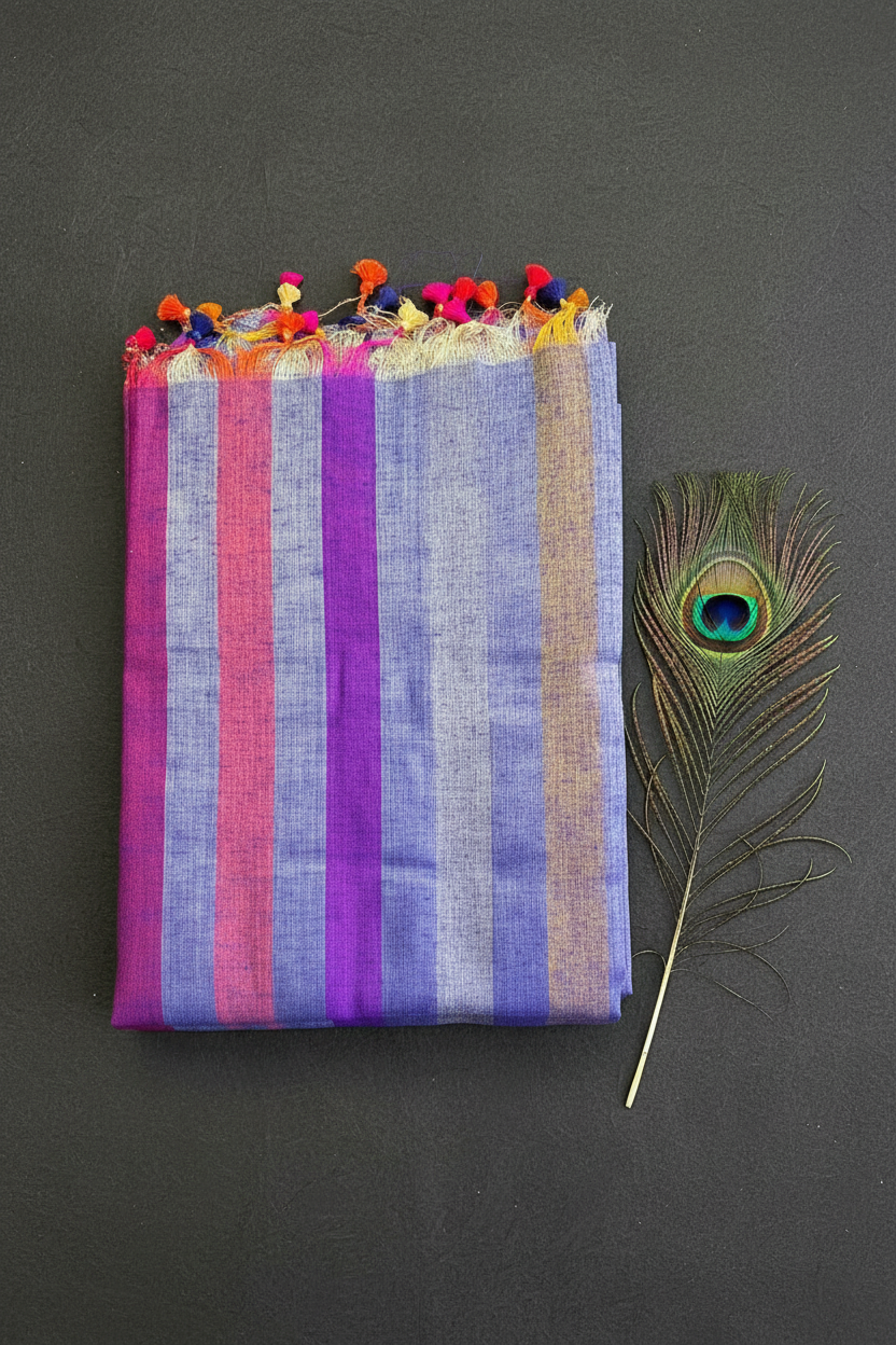 Linen Cotton Sare With Solid Standing Lines Vibrant Contrast Colors