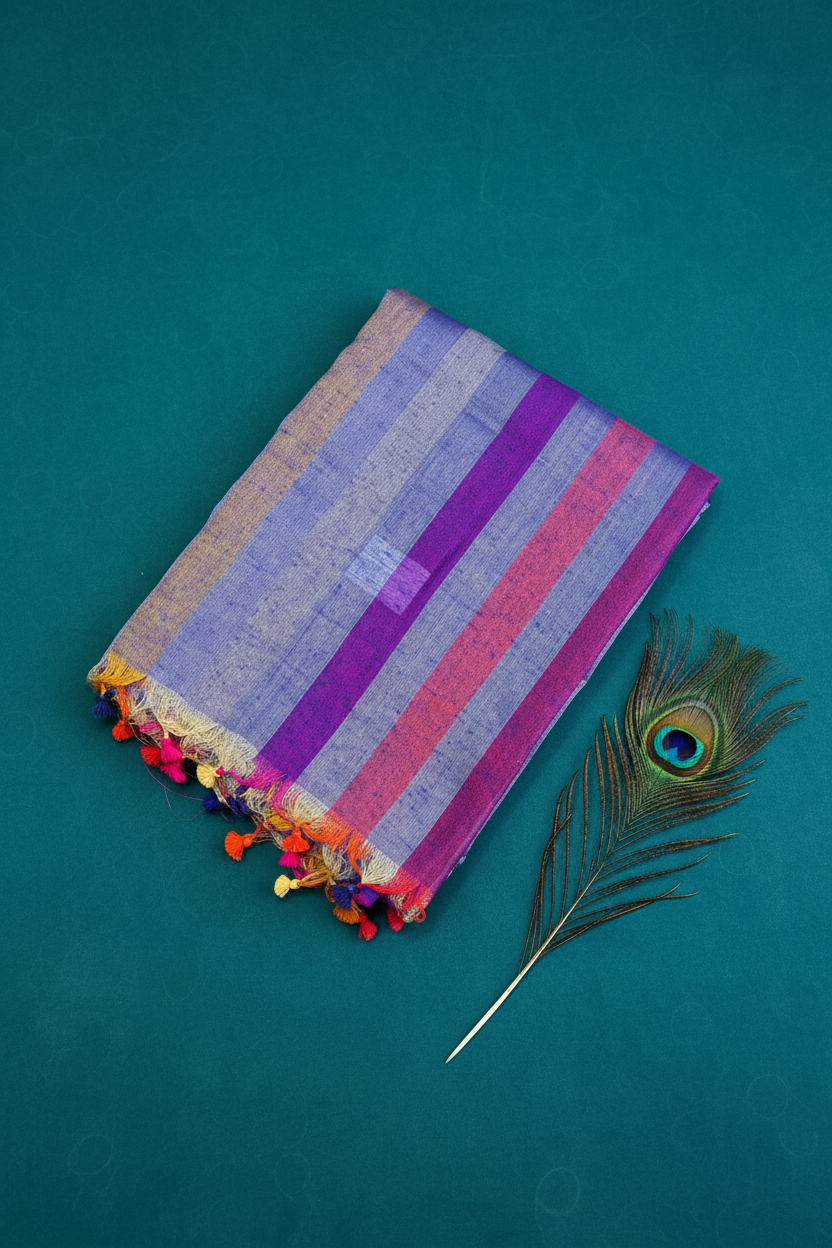Linen Cotton Sare With Solid Standing Lines Vibrant Contrast Colors