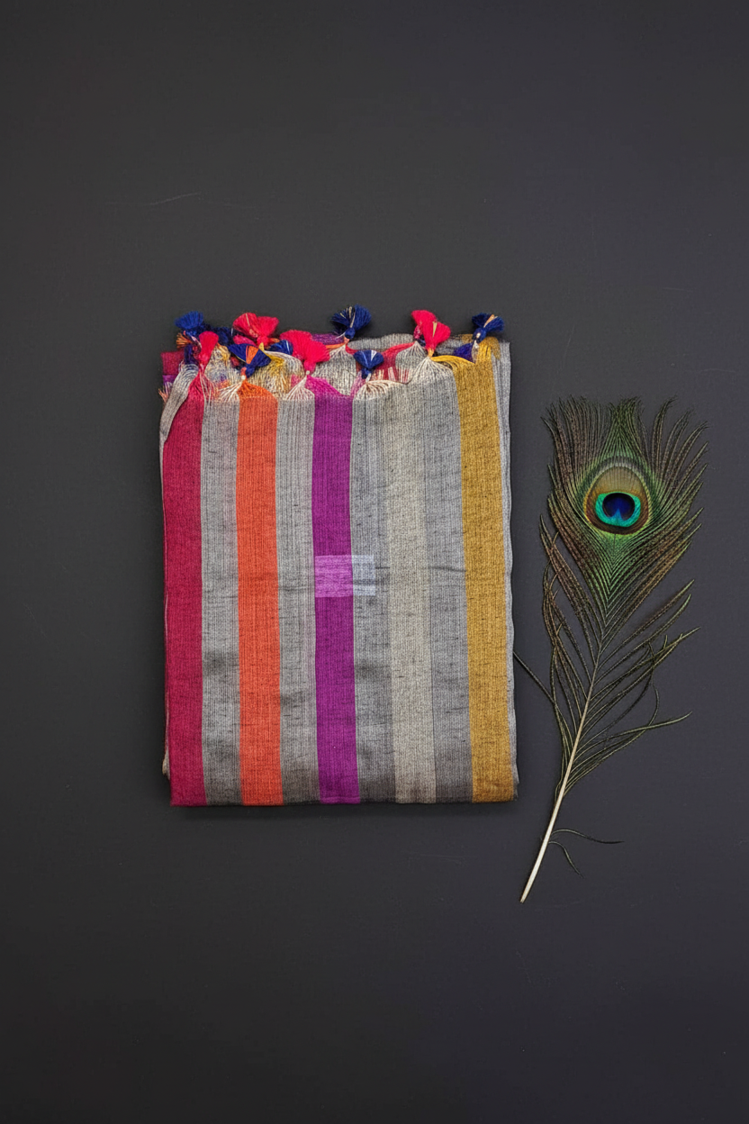 Linen Cotton Sare With Solid Standing Lines Vibrant Contrast Colors