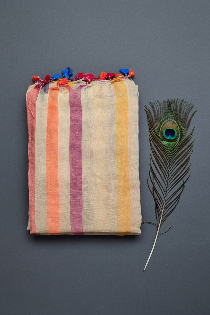 Linen Cotton Sare With Solid Standing Lines Vibrant Contrast Colors