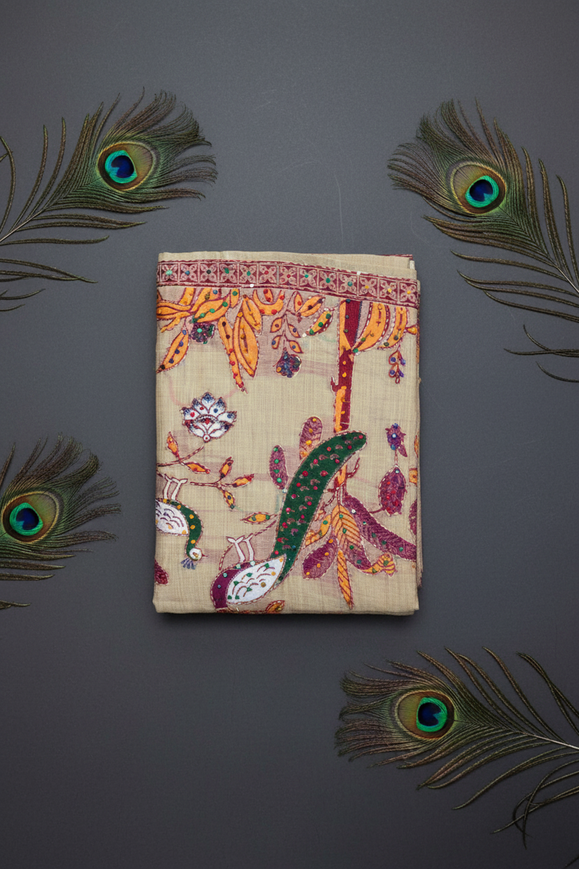 Cotton Saree With Beautiful Peacock design .katha work and knot work. Alll hand work.
