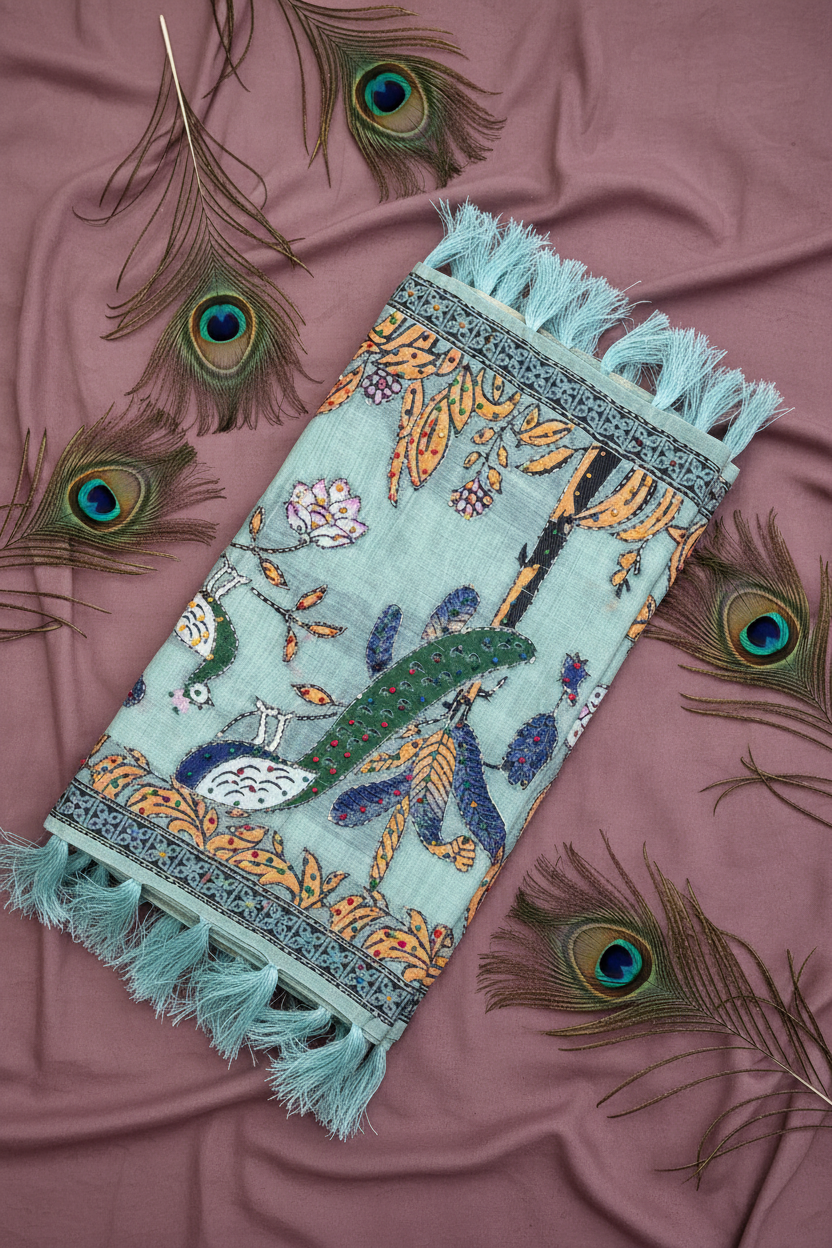 Cotton Saree With Beautiful Peacock design .katha work and knot work. Alll hand work.