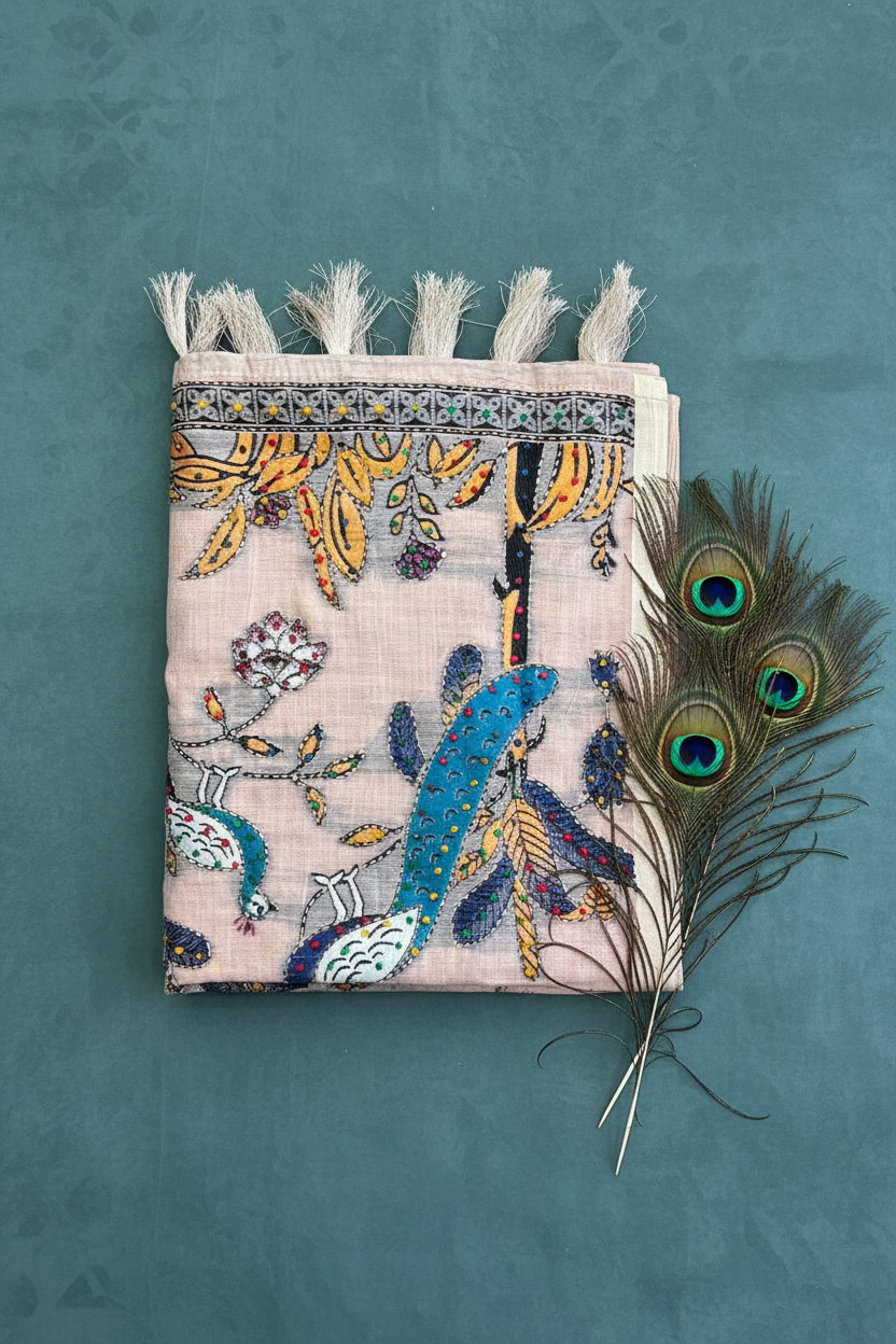 Cotton Saree With Beautiful Peacock design .katha work and knot work. Alll hand work.