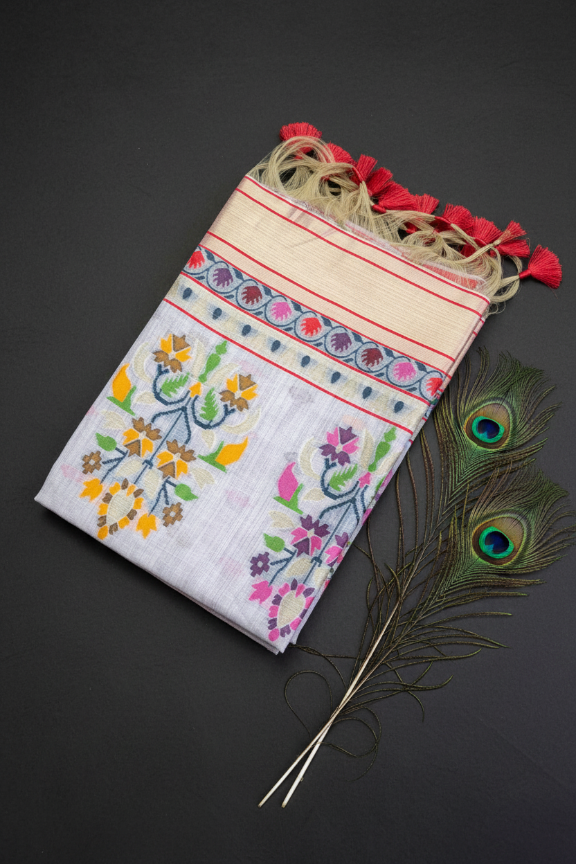 Chanderi Cotton With Digital Thread Work Design Along With Golden Zari Work
