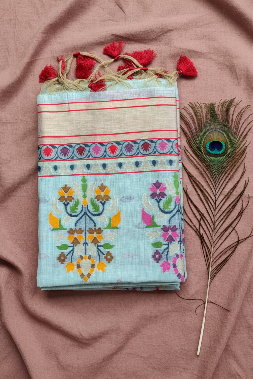 Chanderi Cotton With Digital Thread Work Design Along With Golden Zari Work