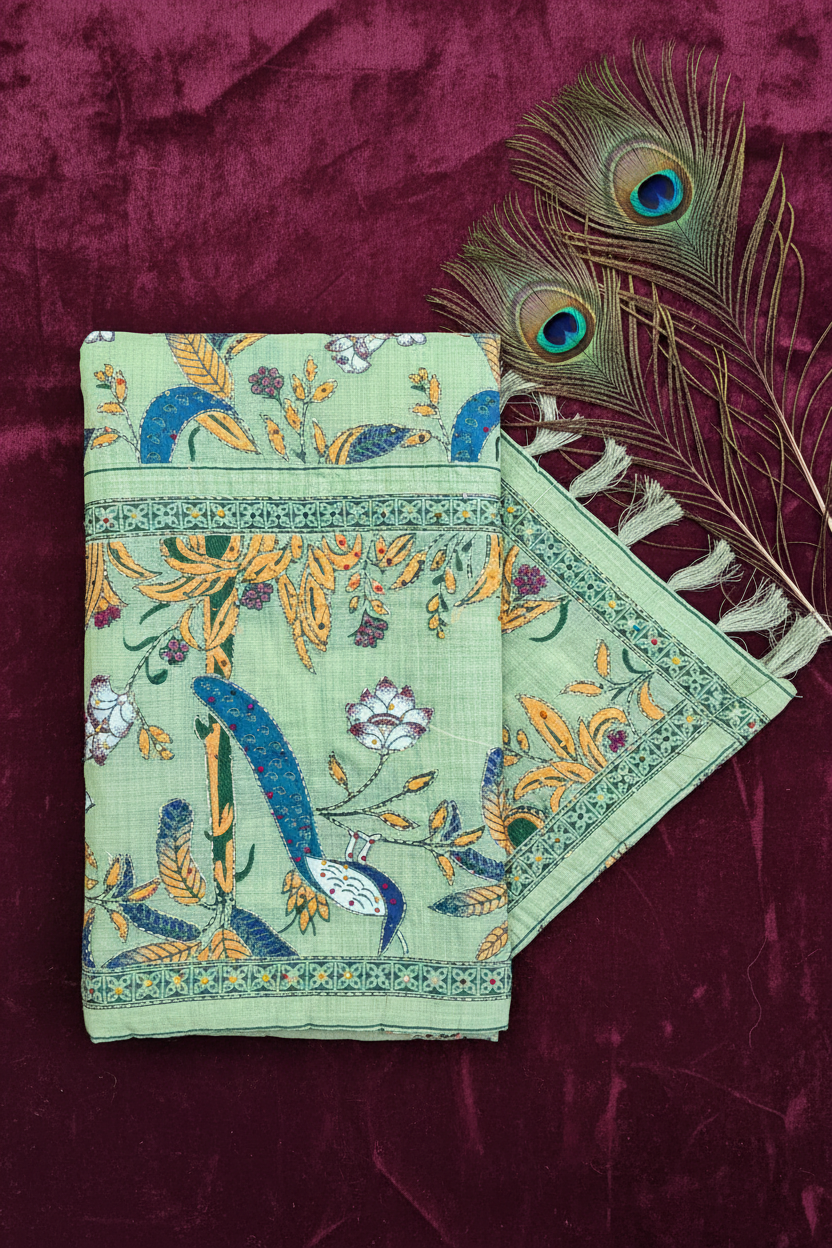 Cotton Saree With Beautiful Peacock design .katha work and knot work. Alll hand work.