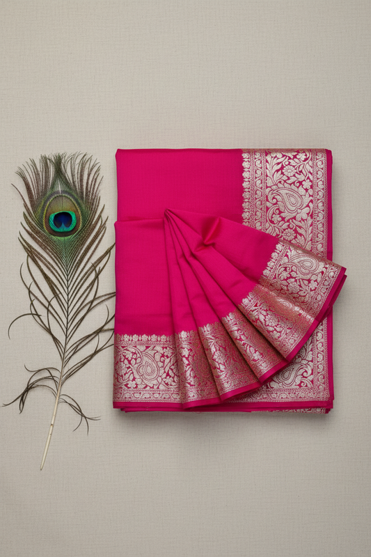 Beautiful vibrant Dola Silk saree featuring an elegant golden zari border and a richly woven golden zari pallu, paired with a stunning contrast blouse for a timeless look.