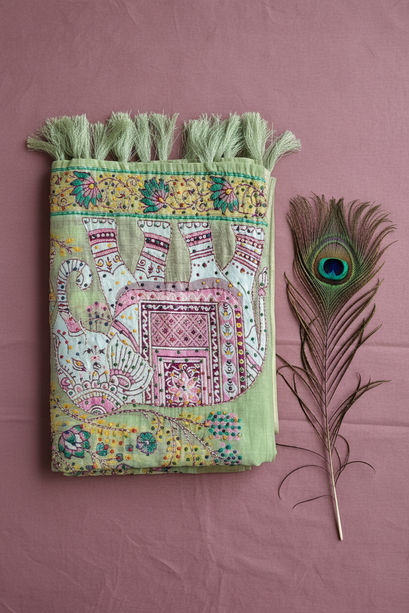 Linen Cotton Saree With Elephant Patch Work Hand Woven. Knot Work And Kantha Work With Golden Zari Work
