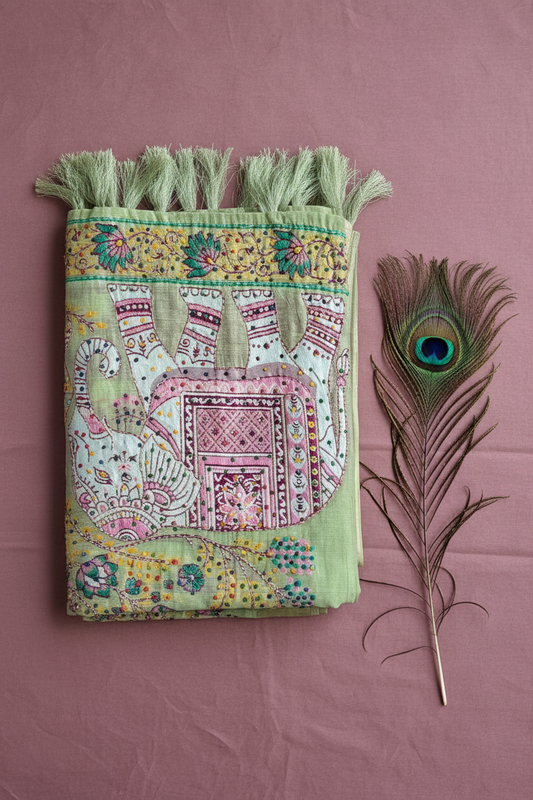 Linen Cotton Saree With Elephant Patch Work Hand Woven. Knot Work And Kantha Work With Golden Zari Work