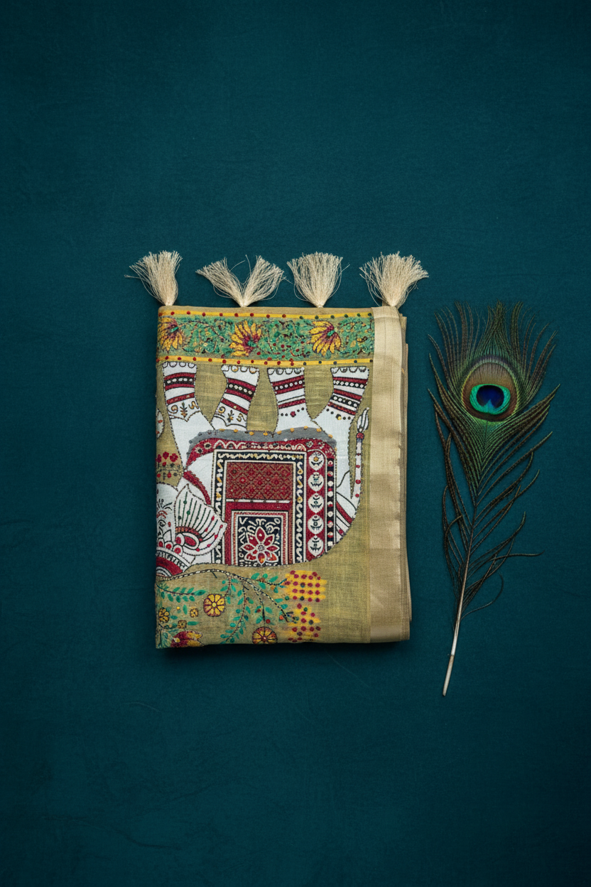 Linen Cotton Saree With Elephant Patch Work Hand Woven. Knot Work And Kantha Work With Golden Zari Work