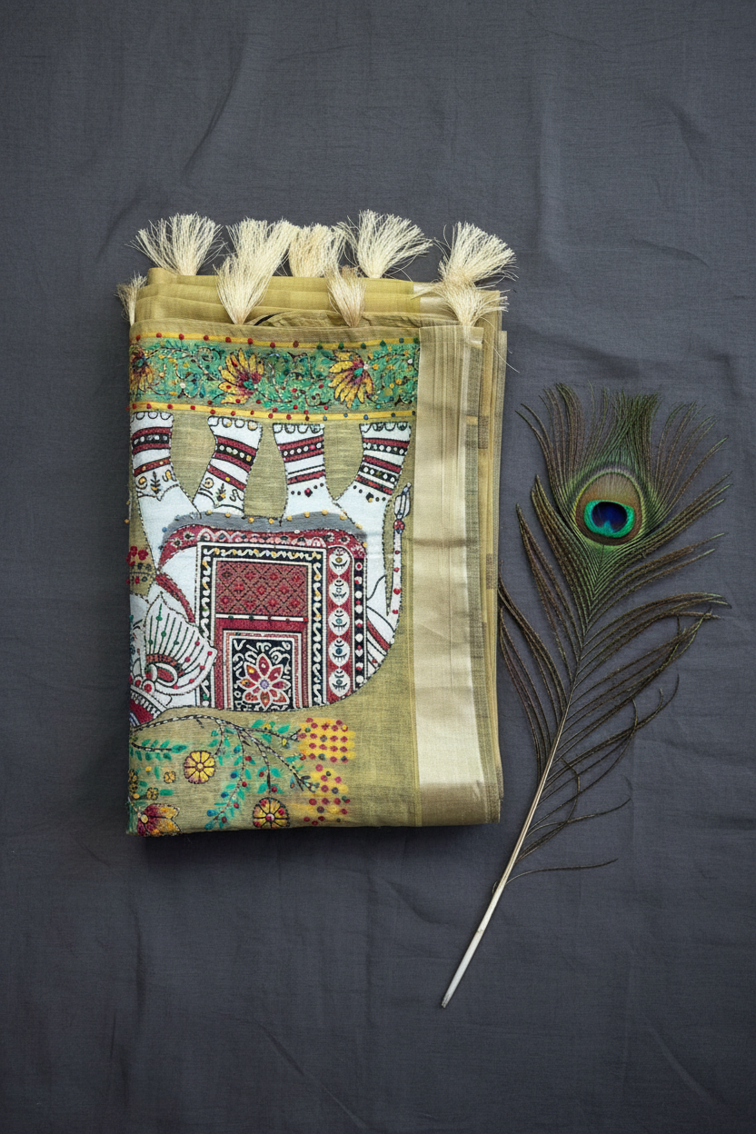 Linen Cotton Saree With Elephant Patch Work Hand Woven. Knot Work And Kantha Work With Golden Zari Work