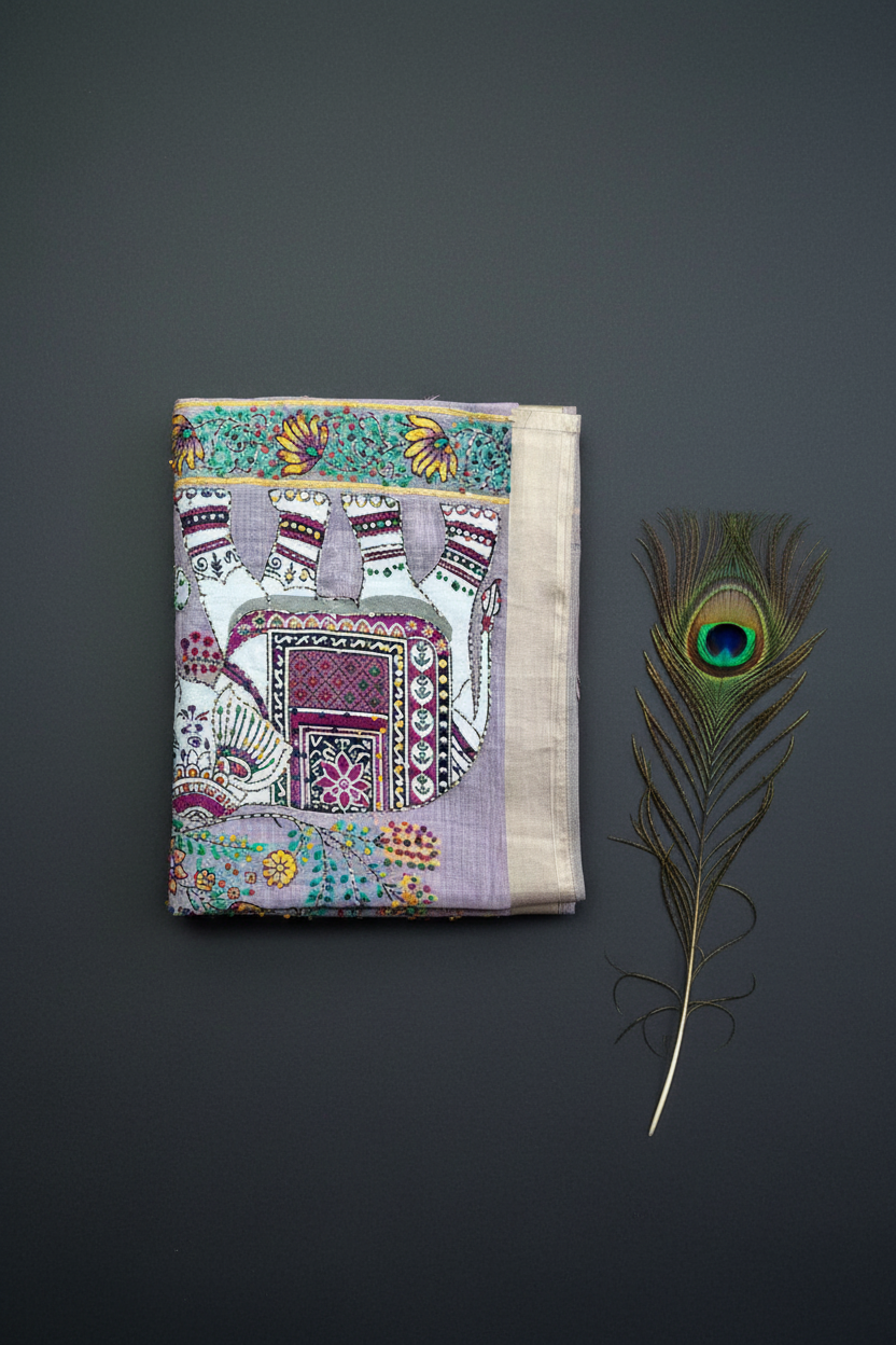 Linen Cotton Saree With Elephant Patch Work Hand Woven. Knot Work And Kantha Work With Golden Zari Work