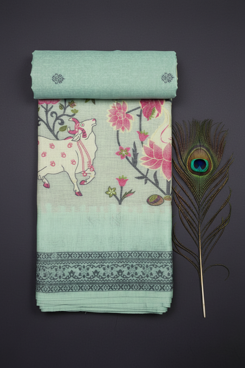 Soft LInen Cotton Saree With Lotus and Cow Design. Khadi Texture.