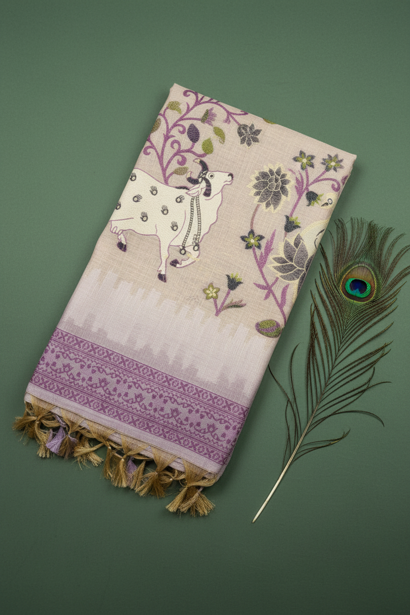 Soft LInen Cotton Saree With Lotus and Cow Design. Khadi Texture.