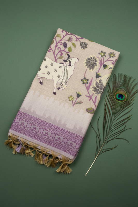 Soft LInen Cotton Saree With Lotus and Cow Design. Khadi Texture.  Thread Work