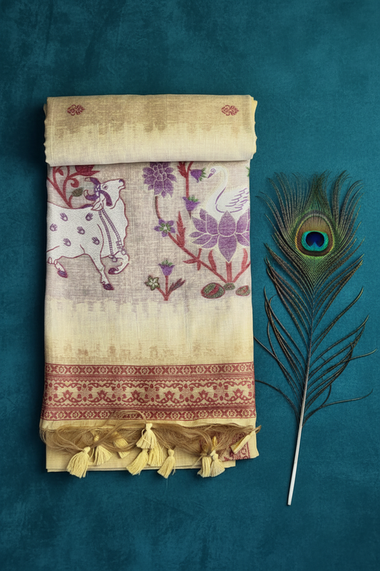 Soft LInen Cotton Saree With Lotus and Cow Design. Khadi Texture.  Thread Work