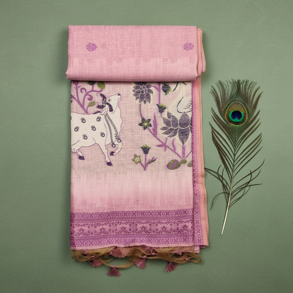 Soft LInen Cotton Saree With Lotus and Cow Design. Khadi Texture.