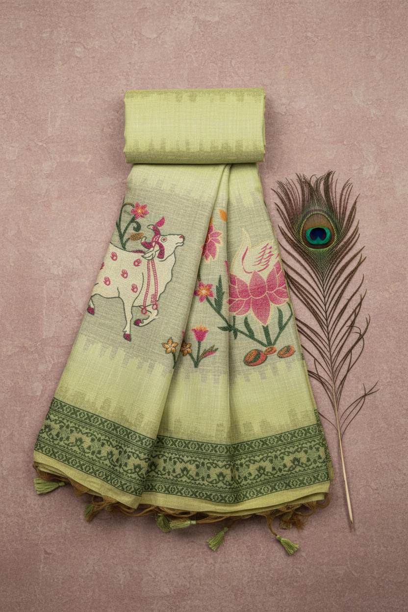 Soft LInen Cotton Saree With Lotus and Cow Design. Khadi Texture.