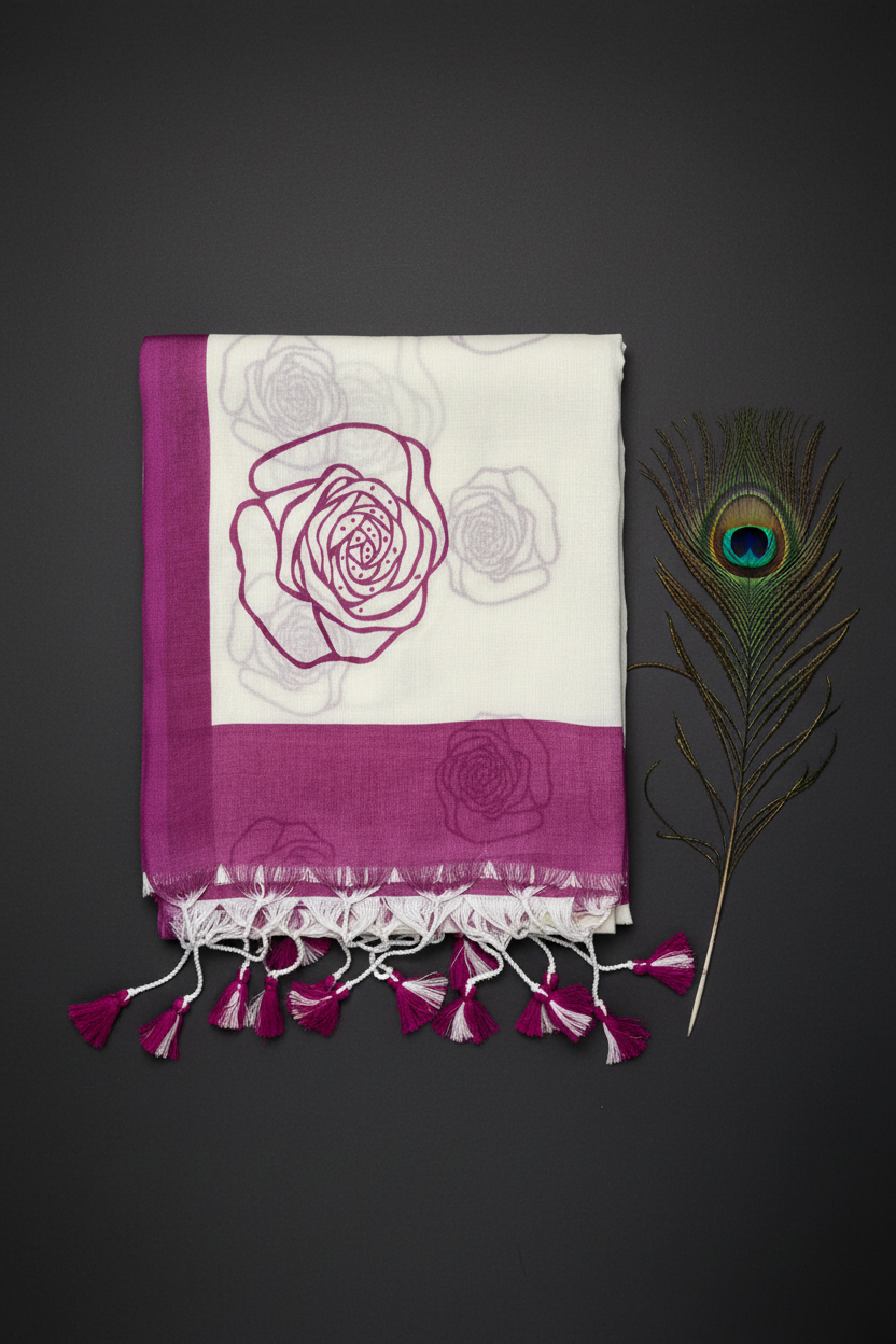 Off White Soft Cotton Saree With Beautiful Rose Design and Border .