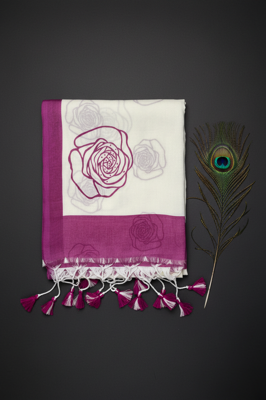 Off White Soft Cotton Saree With Beautiful Rose Design and Border .