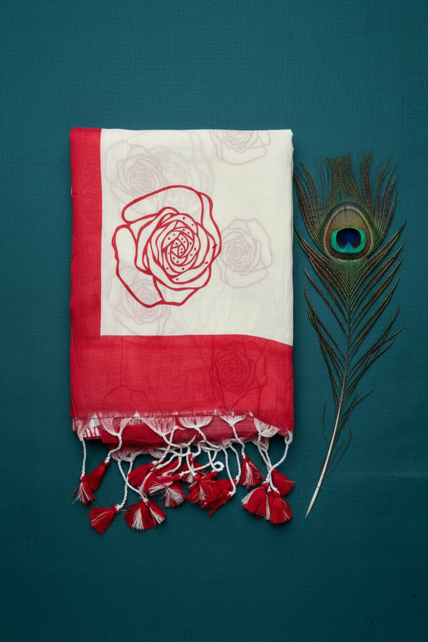 Off White Soft Cotton Saree With Beautiful Rose Design and Border .