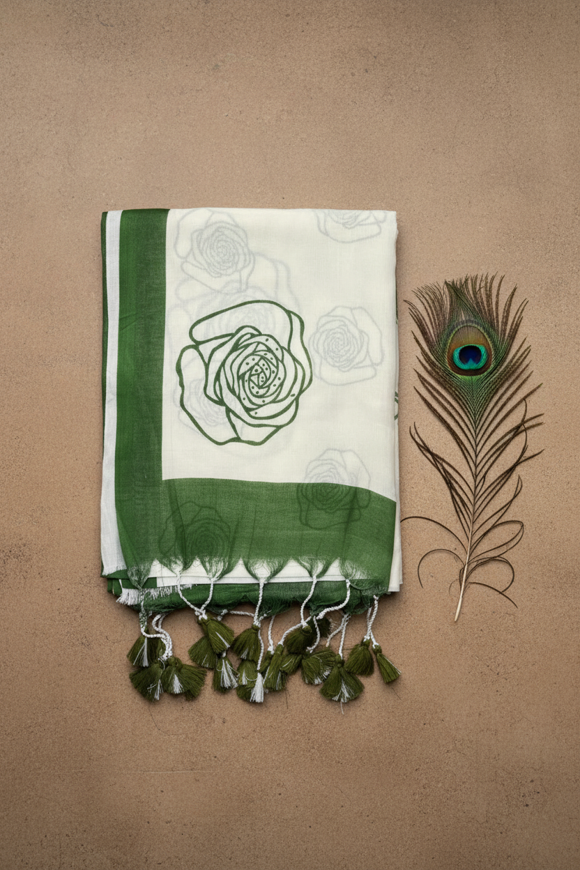 Off White Soft Cotton Saree With Beautiful Rose Design and Border .