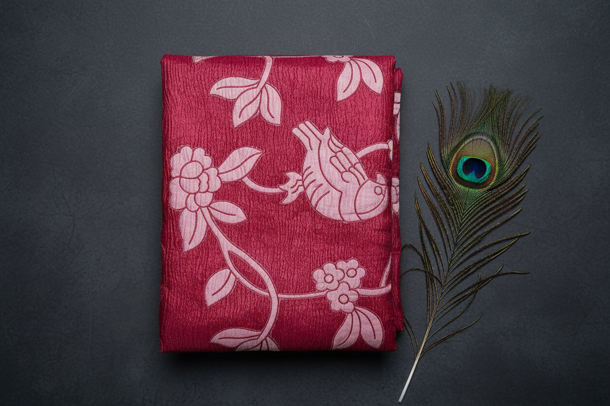 Tissue Aplique Work Saree with Branches and Parrot Desighn.