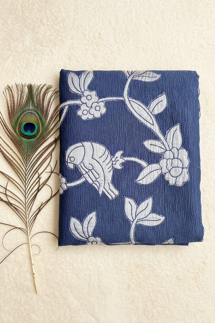 Tissue Aplique Work Saree with Branches and Parrot Desighn.