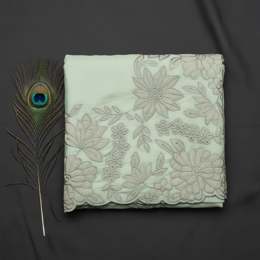 Tissue Aplique Work Saree. Elega.nt flower design