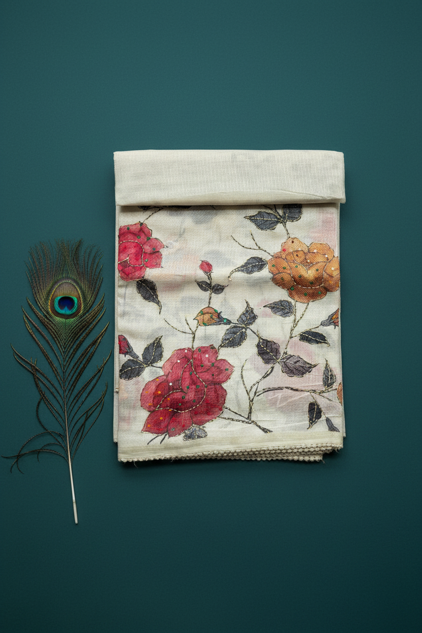 Kota Cotton Saree  With Kantha Work and Knot Work.