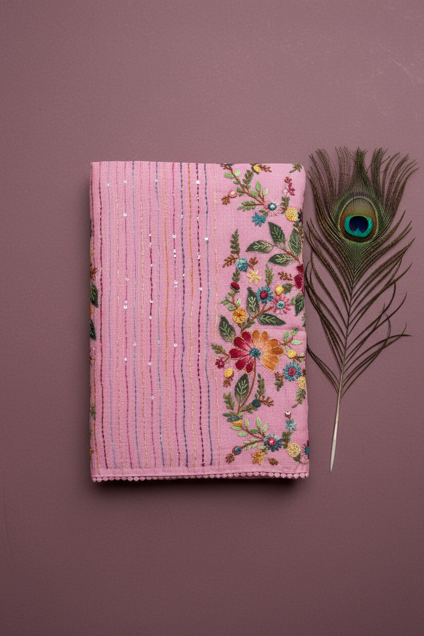 Cotton Saree With Thread Work Embriodery.