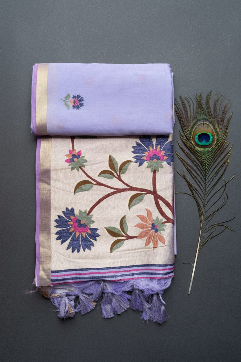 Linen Silk Saree With Golden Zari Border and Beautiful Pallu.