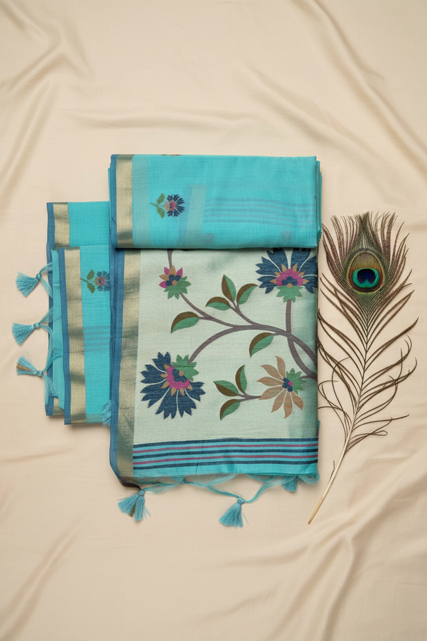 Linen Silk Saree With Golden Zari Border and Beautiful Pallu.