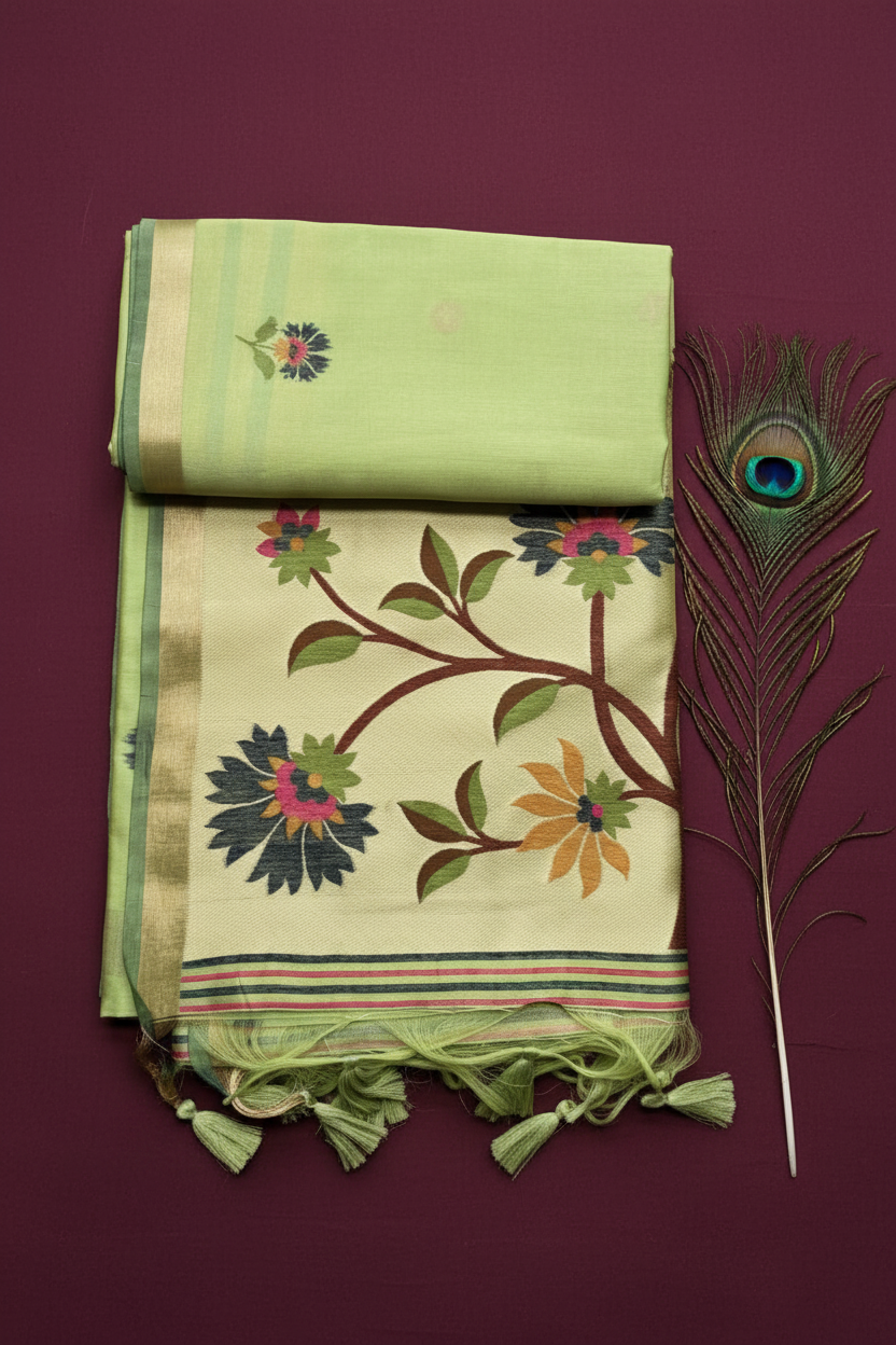 Linen Silk Saree With Golden Zari Border and Beautiful Pallu.