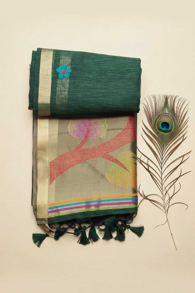 Khadi Cotton Saree With Beautiful  Tissue Pallu . Elegant Uncommon Design on Pallu.With golden Zari Border.