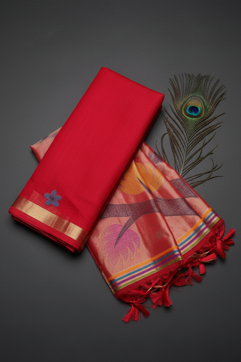 Khadi Cotton Saree With Beautiful  Tissue Pallu . Elegant Uncommon Design on Pallu.With golden Zari Border.