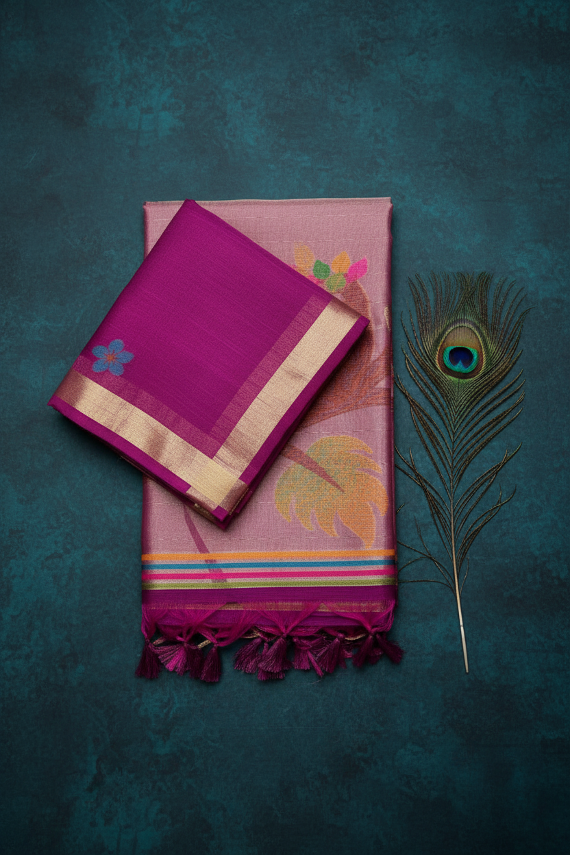Khadi Cotton Saree With Beautiful  Tissue Pallu . Elegant Uncommon Design on Pallu.With golden Zari Border.
