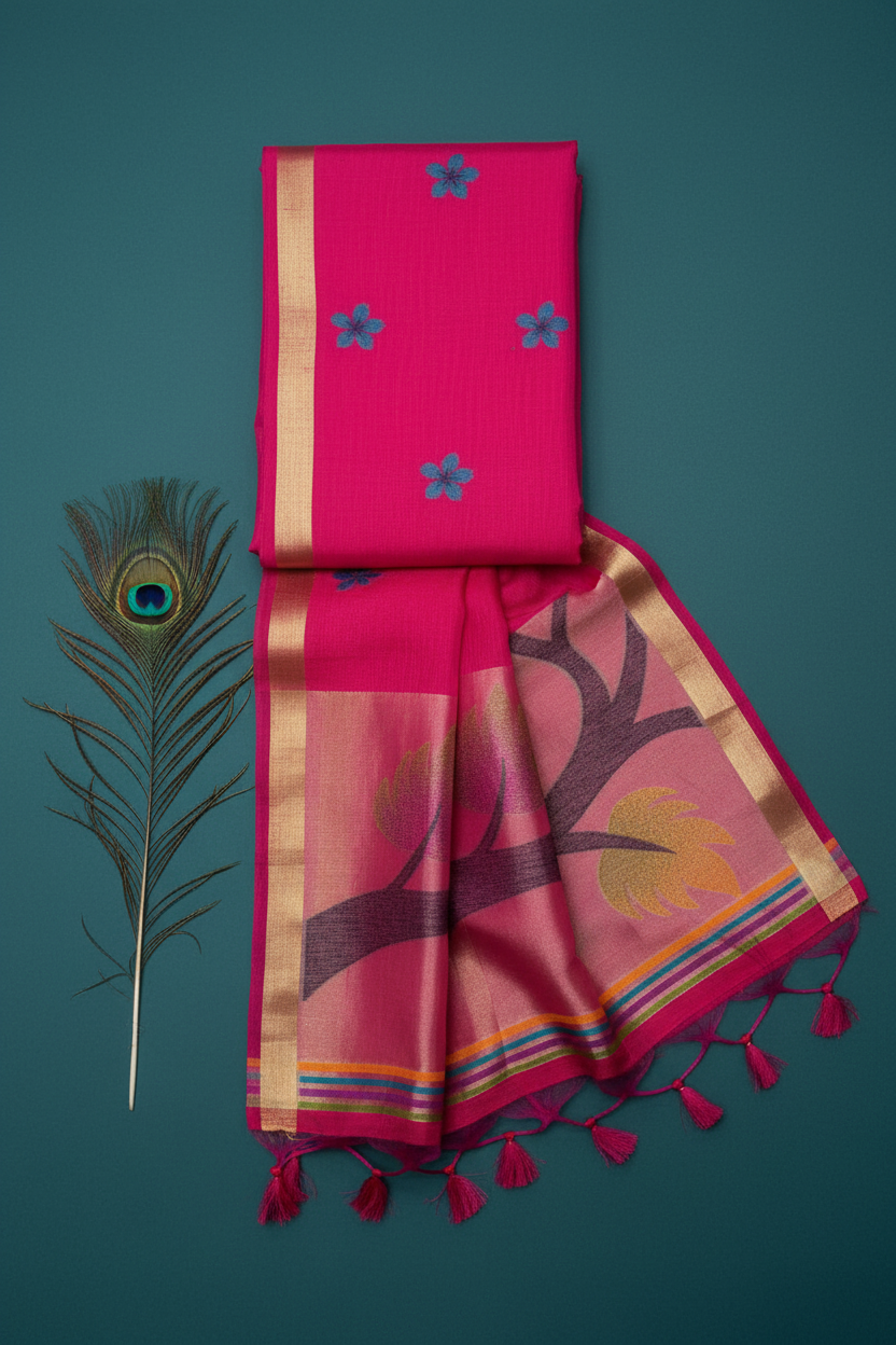 Khadi Cotton Saree With Beautiful  Tissue Pallu . Elegant Uncommon Design on Pallu.With golden Zari Border.